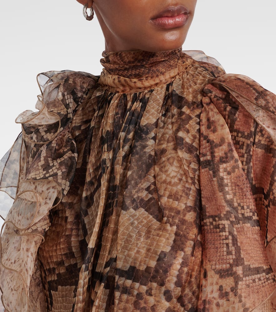 Zimmermann Memento Snakeskin Print Layered Chiffon Top In Brown