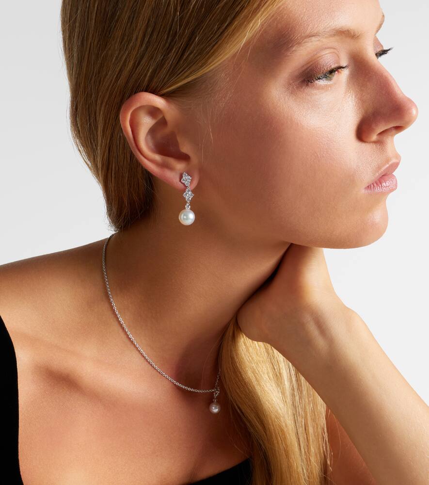 Mikimoto 18kt White Gold Drop Earrings With Pearls And Diamonds In Silver