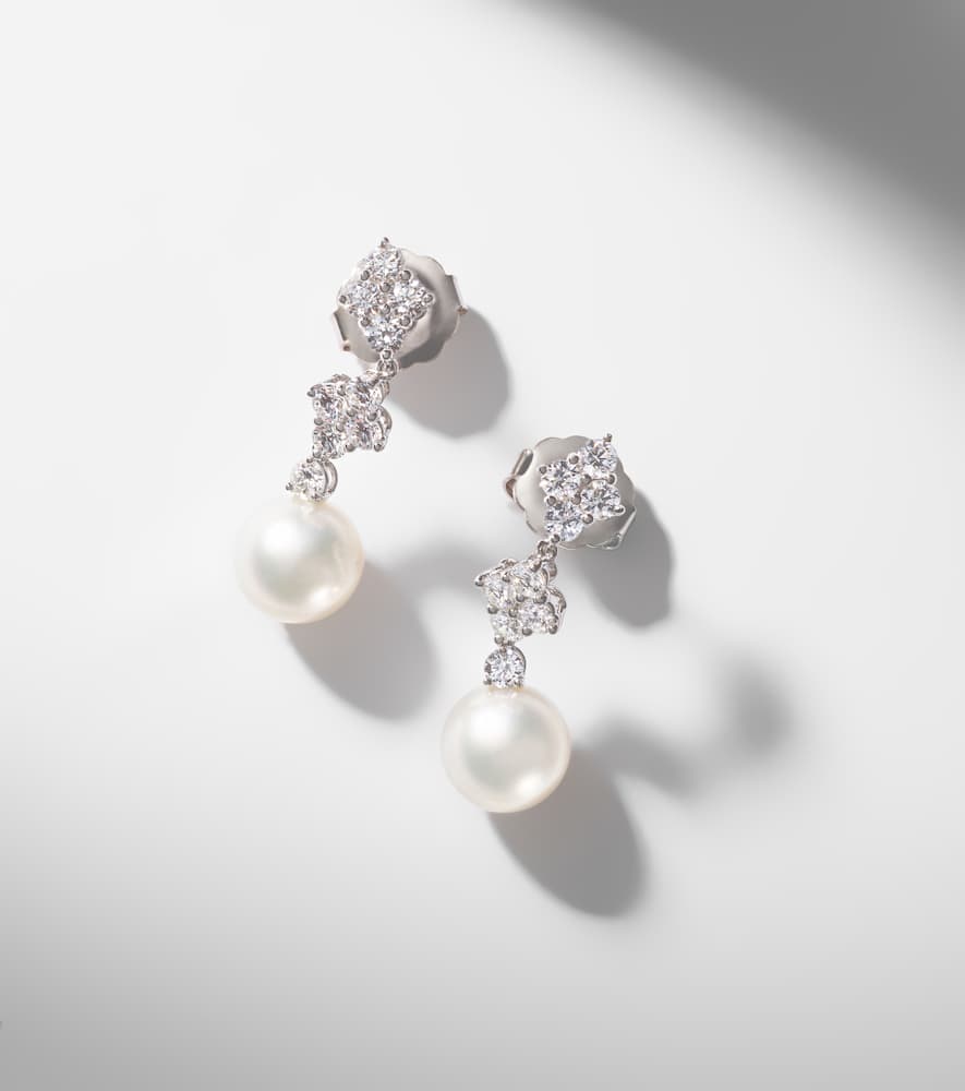 Mikimoto 18kt White Gold Drop Earrings With Pearls And Diamonds In Silver