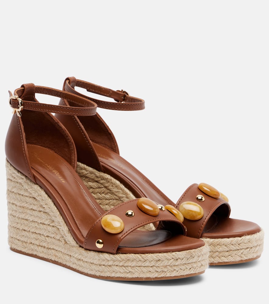 Gianvito Rossi Embellished Leather Espadrille Wedges In Brown