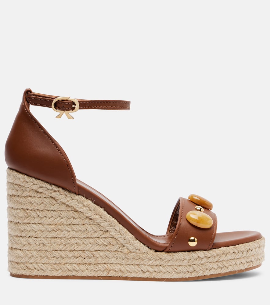 Gianvito Rossi Embellished Leather Espadrille Wedges In Brown