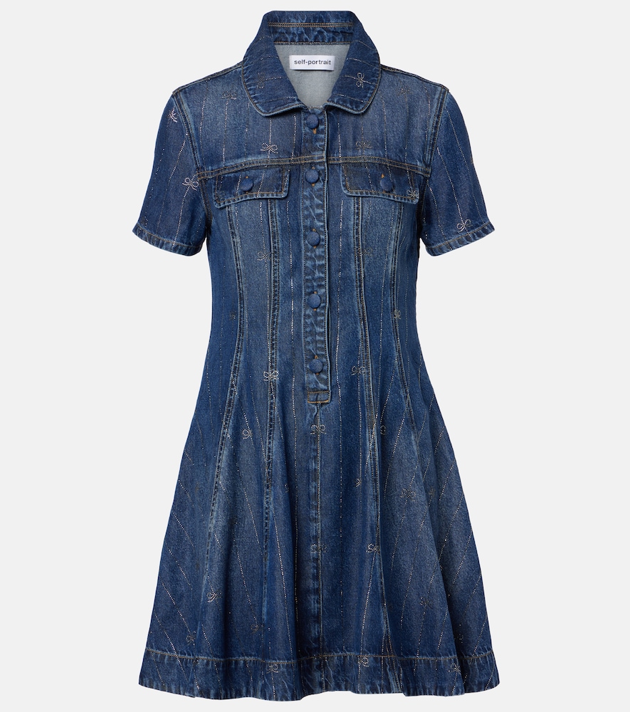 Self-Portrait Women's Blue Embellished Pleated Denim Minidress UK Size 12 - Mytheresa