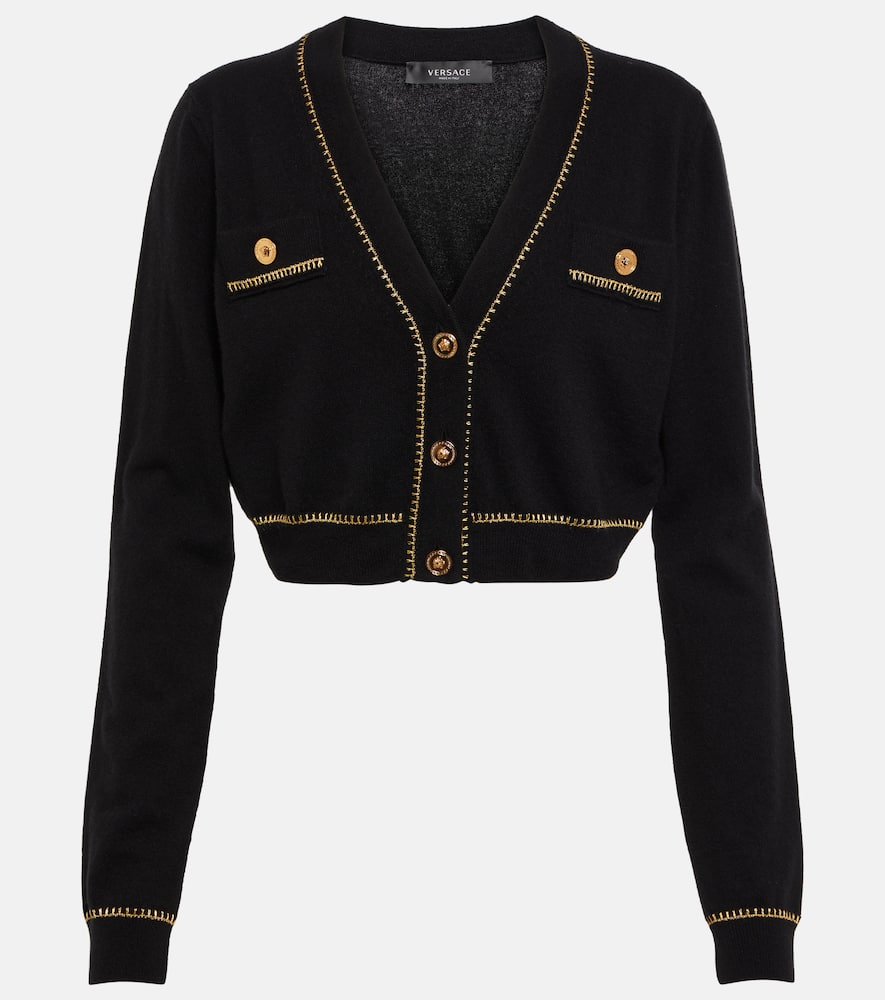 Versace Cropped Ribbed Wool-blend Cardigan In Black | ModeSens