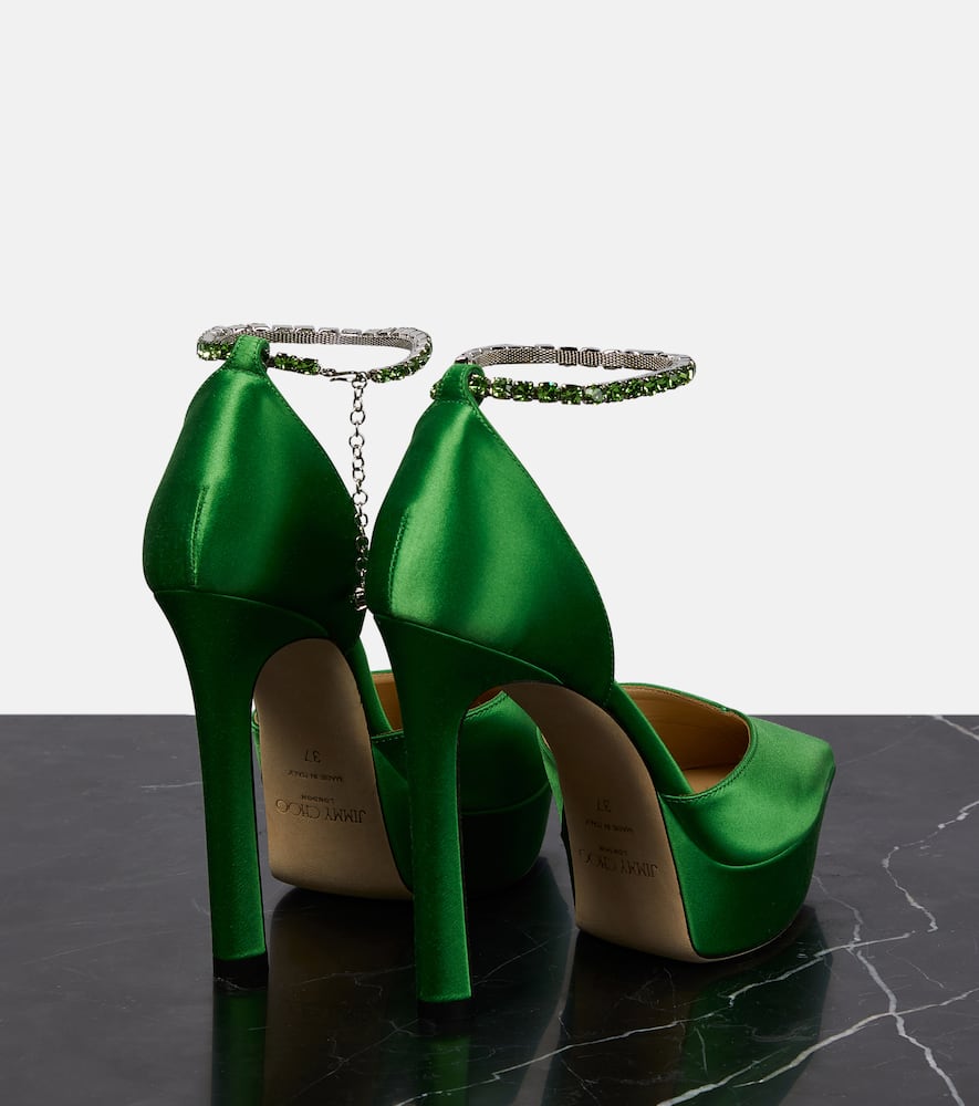 Shop Jimmy Choo Saeda 125 Embellished Satin Platform Pumps In Apple Green