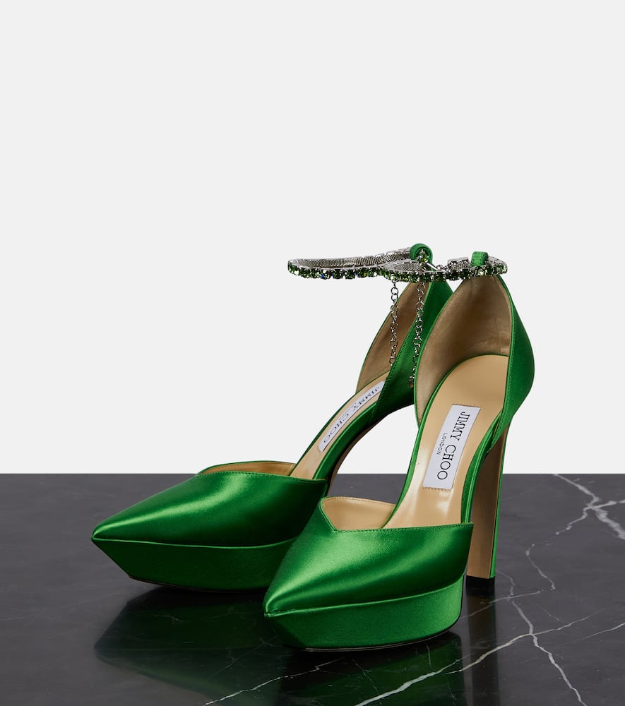 Shop Jimmy Choo Saeda 125 Embellished Satin Platform Pumps In Apple Green