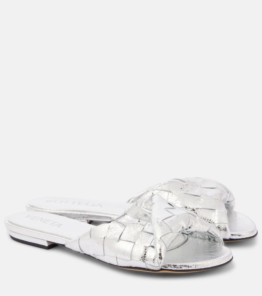 Bottega Veneta Blink Intrecciato Metallic Leather Mules In Silver