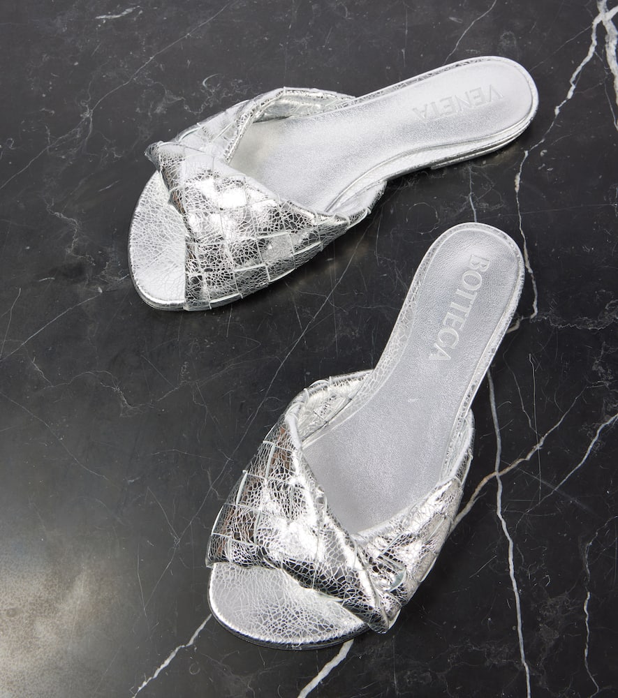 Bottega Veneta Blink Intrecciato Metallic Leather Mules In Silver