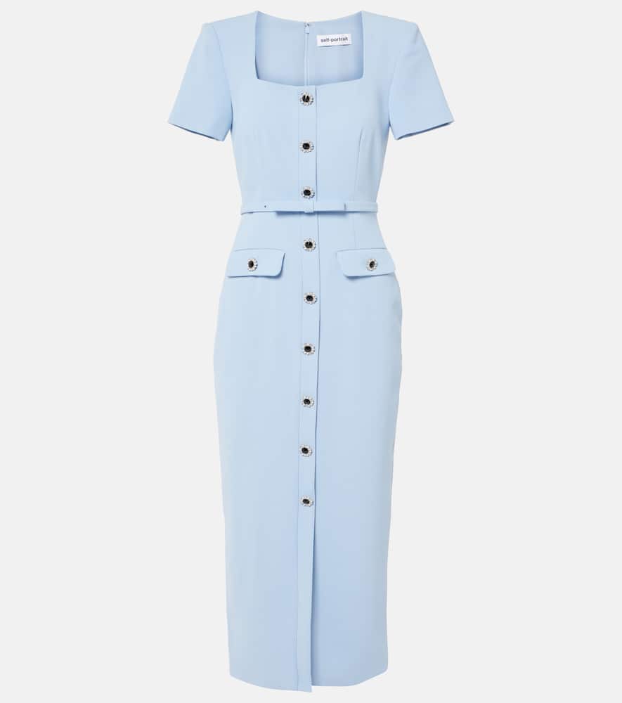 Self-portrait Crepe Mini Dress With Buttons And Belt In Blue