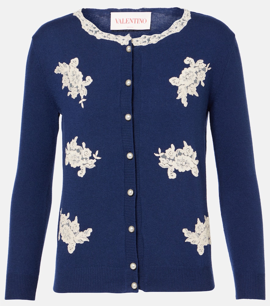 Valentino Lace-trimmed Virgin Wool Cardigan In Blue