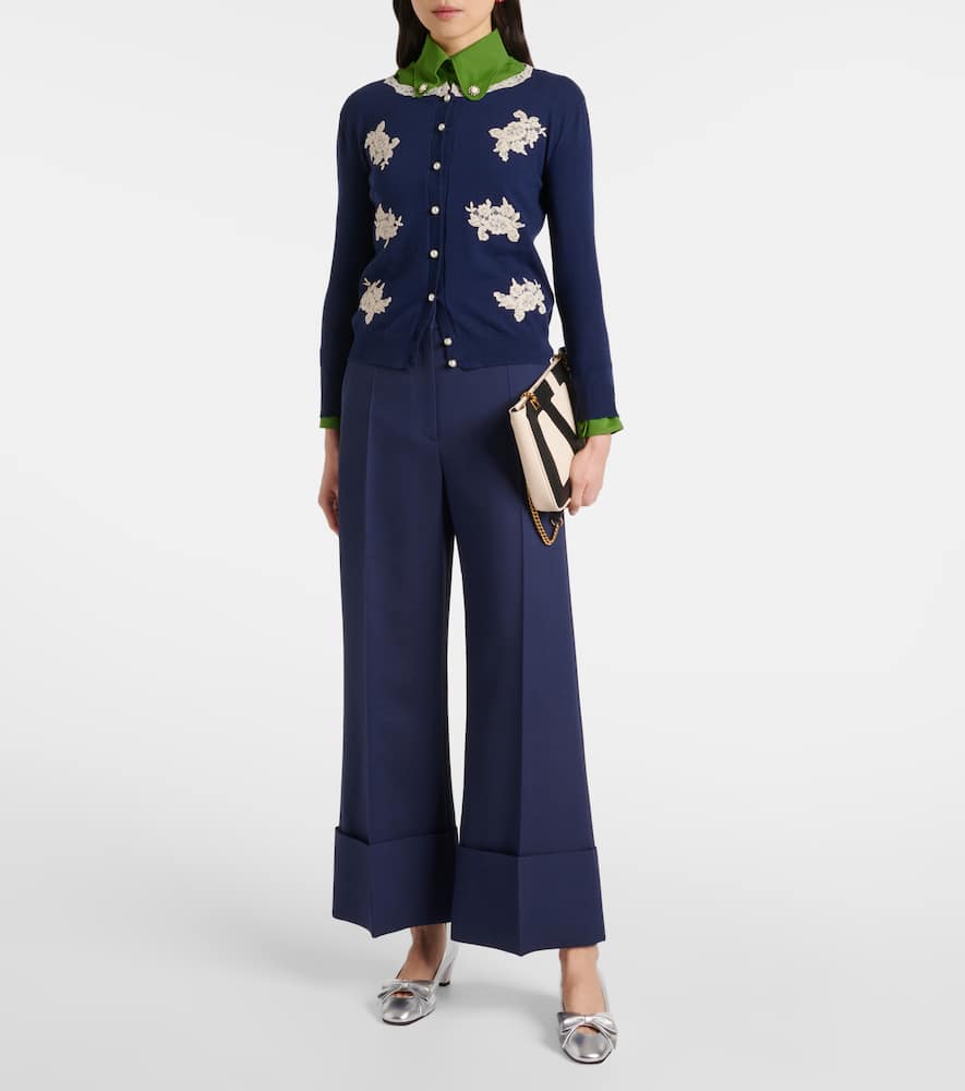 Valentino Lace-trimmed Virgin Wool Cardigan In Blue