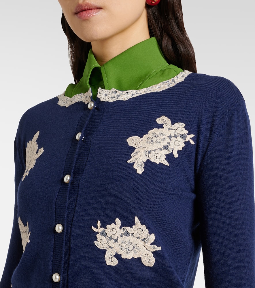 Valentino Lace-trimmed Virgin Wool Cardigan In Blue