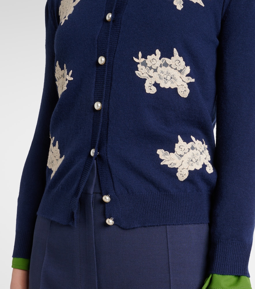 Valentino Lace-trimmed Virgin Wool Cardigan In Blue
