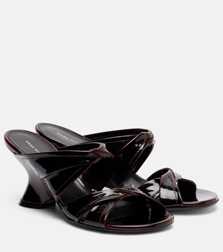 Dries Van Noten 75 Patent Leather Wedge Mules In Brown