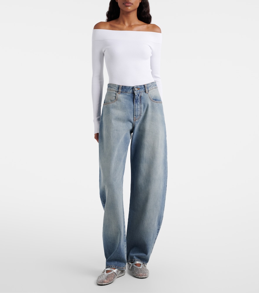  Alaia Alaia Ribbed-knit Off-shoulder Bodysuit 