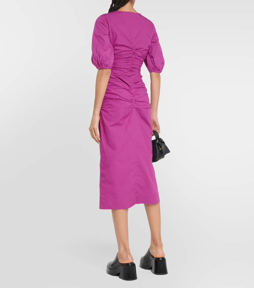 Shop Ganni Ruched Cotton Poplin Midi Dress In Purple