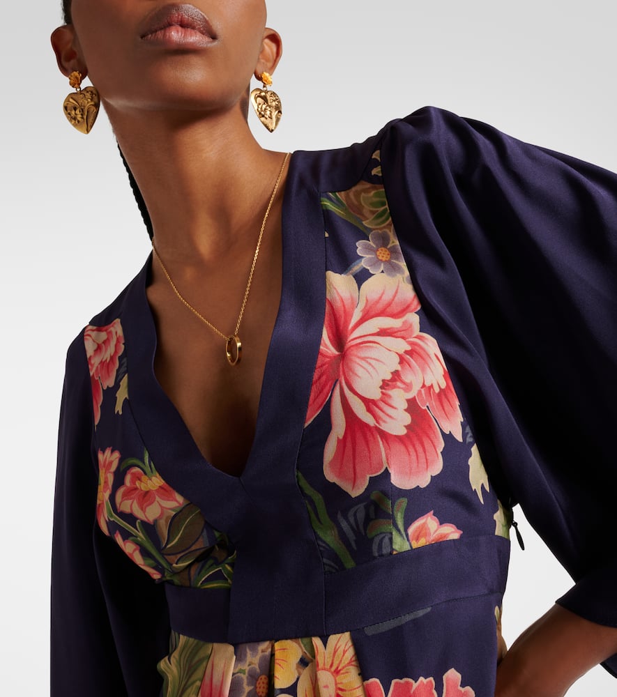 花卉真丝绉绸加长连衣裙