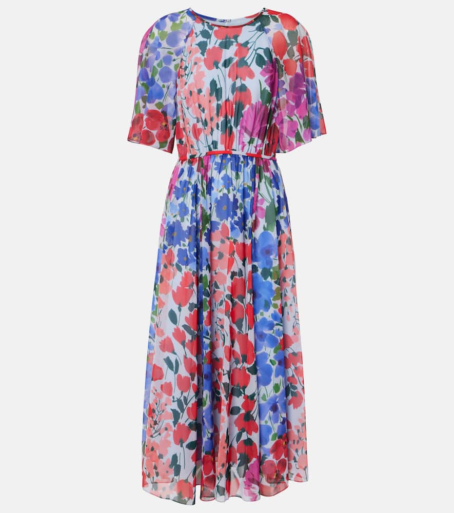 CAROLINA HERRERA FLORAL GATHERED MIDI DRESS
