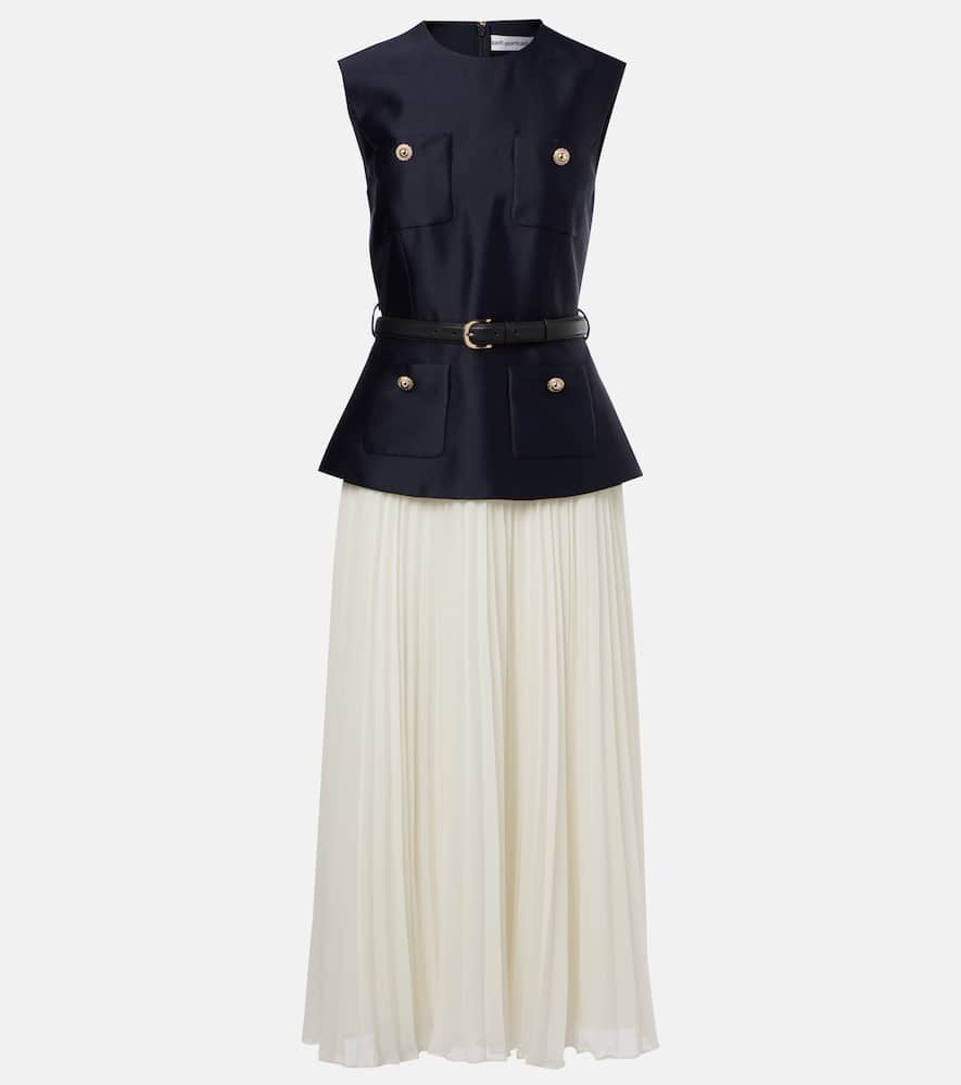 Belted plissé taffeta midi dress