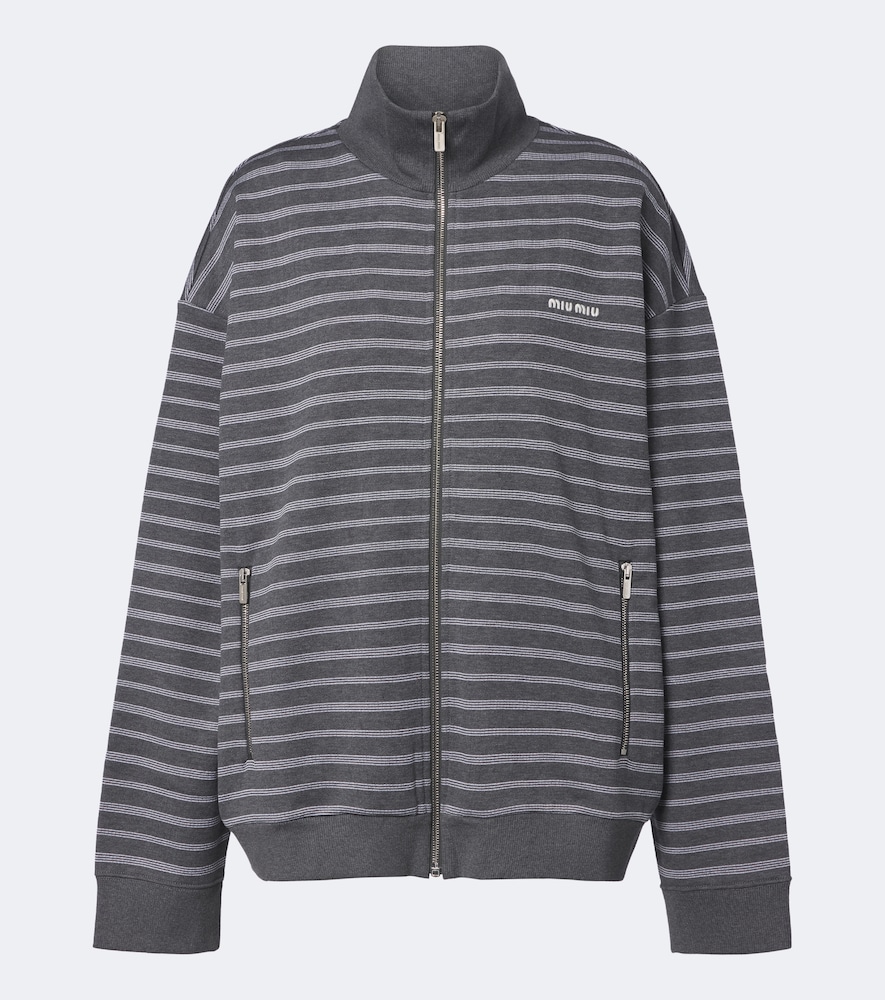 Miu Miu Striped Cotton Zip-up Sweatshirt In Grey