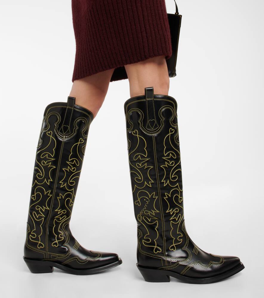 GANNI EMBROIDERED LEATHER COWBOY BOOTS