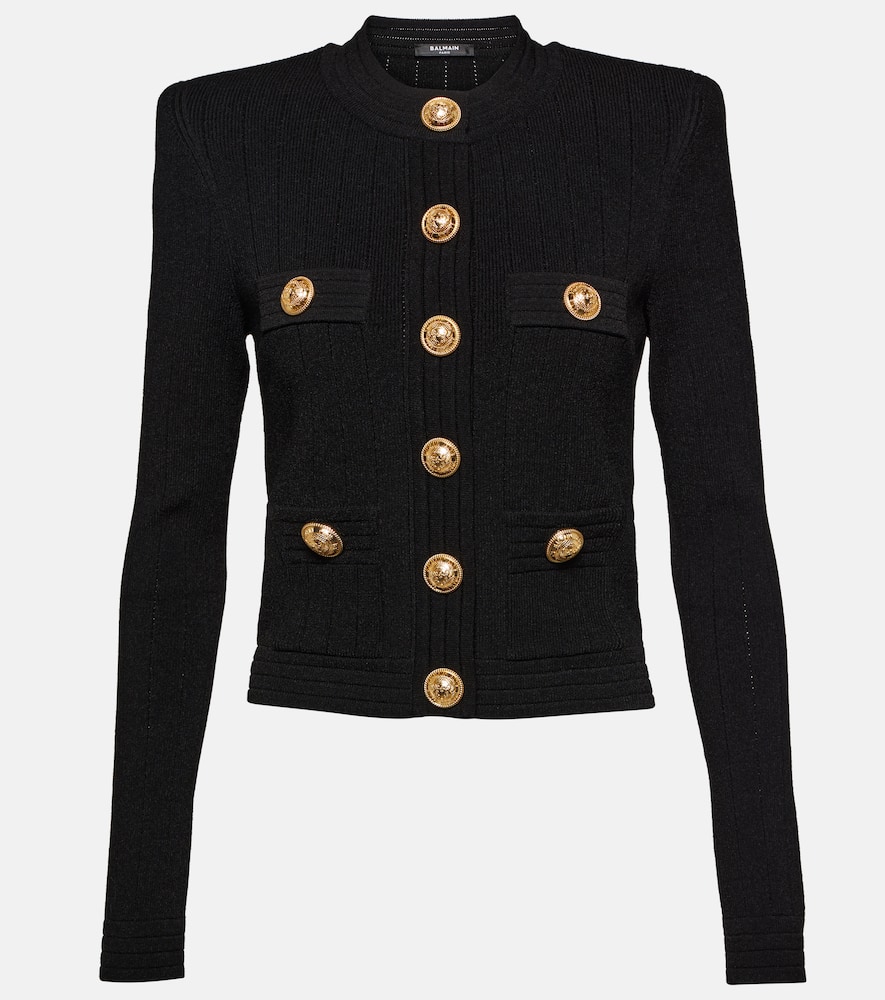 Balmain Button-embellished Ribbed Cardigan In Black