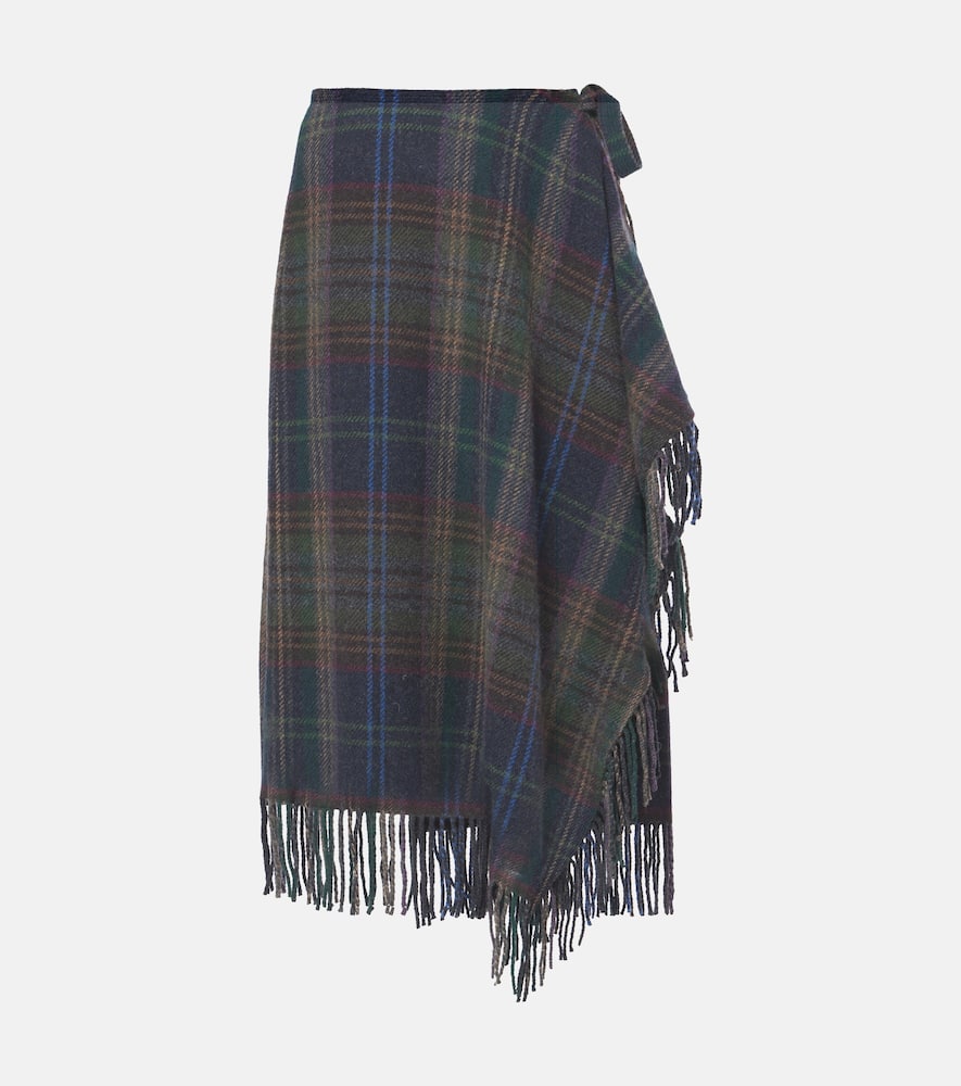 Fringed plaid wool-blend wrap skirt