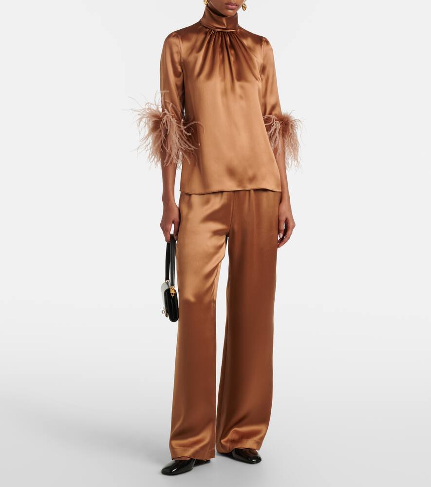 Dolce & Gabbana Double Satin Turtle-neck Top With Feathered Detailing In Brown