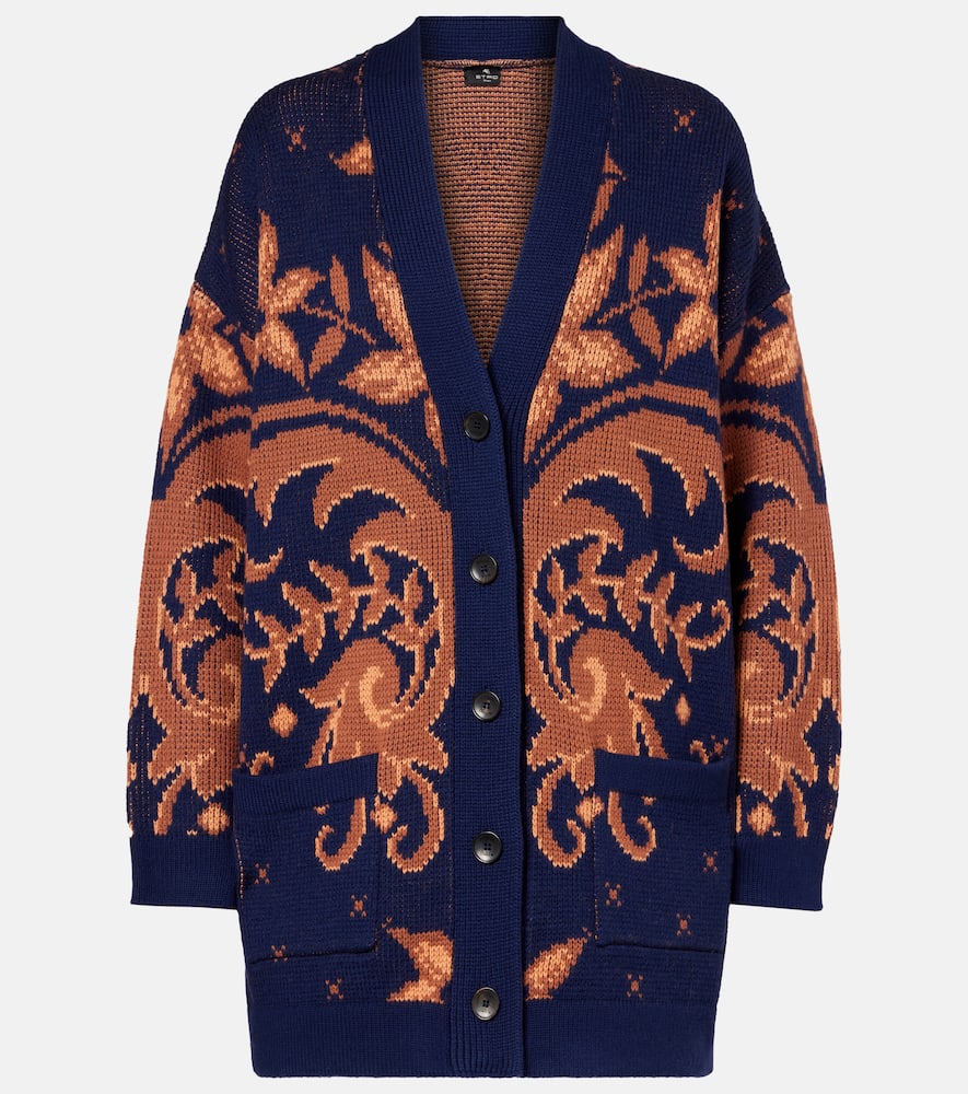 Etro Wool Jacquard V-neck Cardigan With Front Pockets In Blue