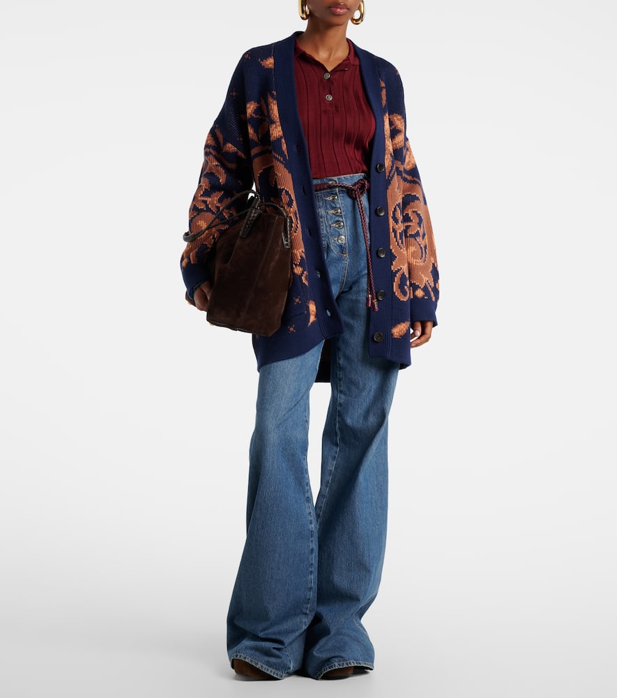 Etro Wool Jacquard V-neck Cardigan With Front Pockets In Blue
