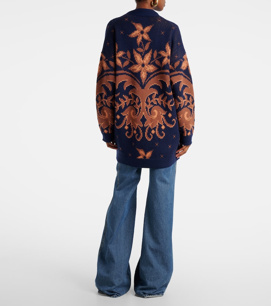 Etro Wool Jacquard V-neck Cardigan With Front Pockets In Blue