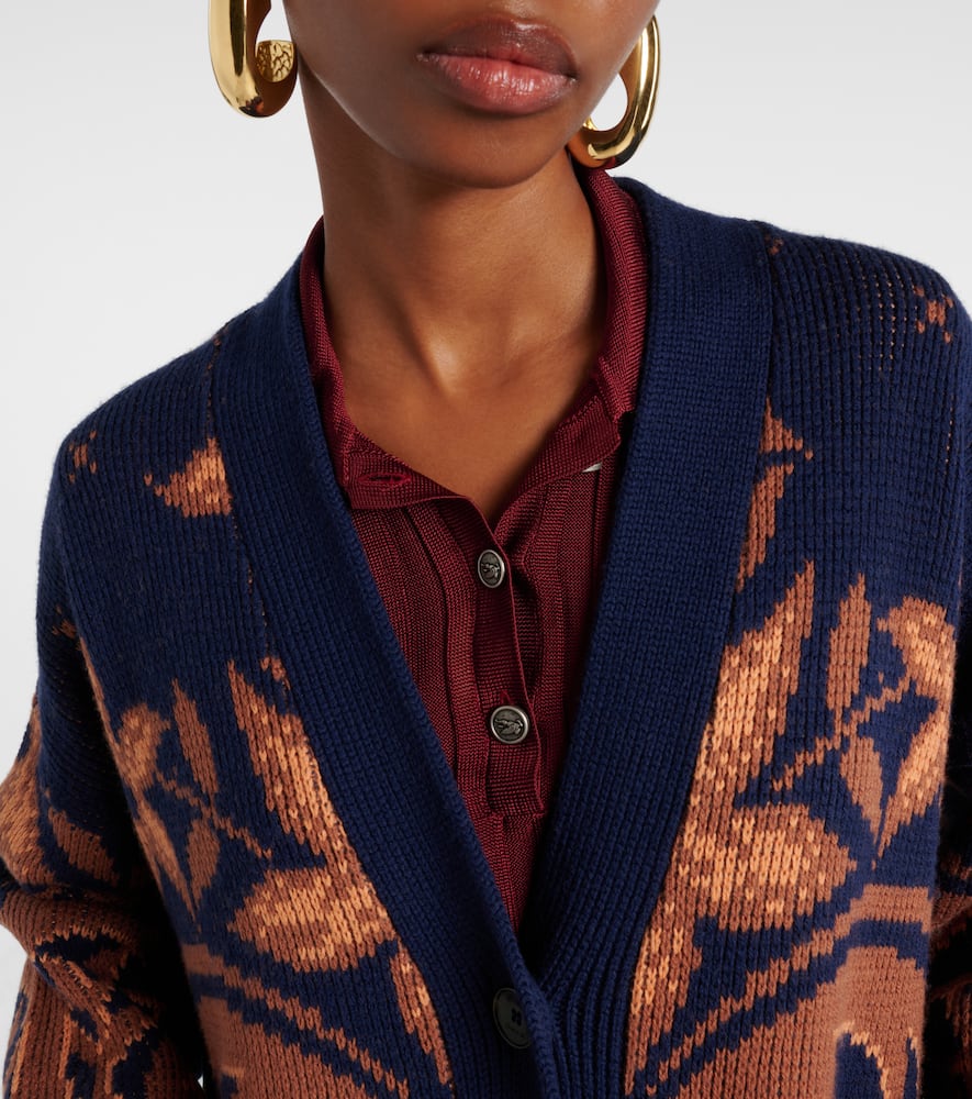 Etro Wool Jacquard V-neck Cardigan With Front Pockets In Blue