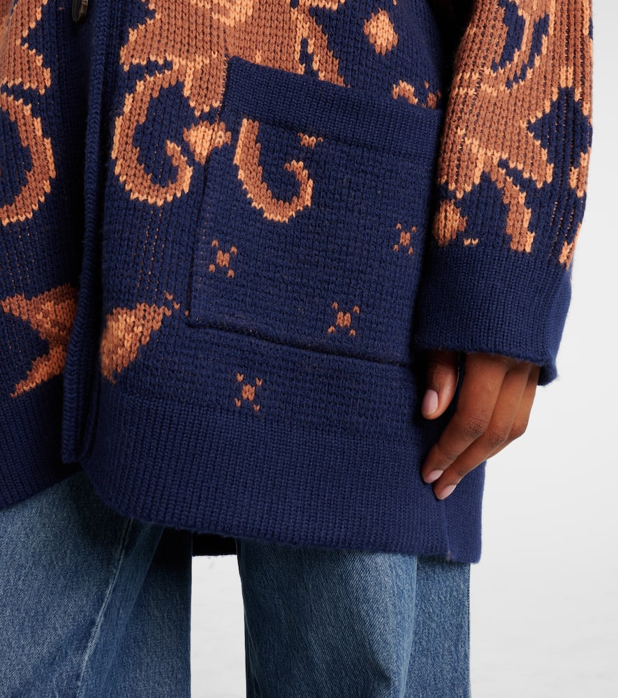 Etro Wool Jacquard V-neck Cardigan With Front Pockets In Blue