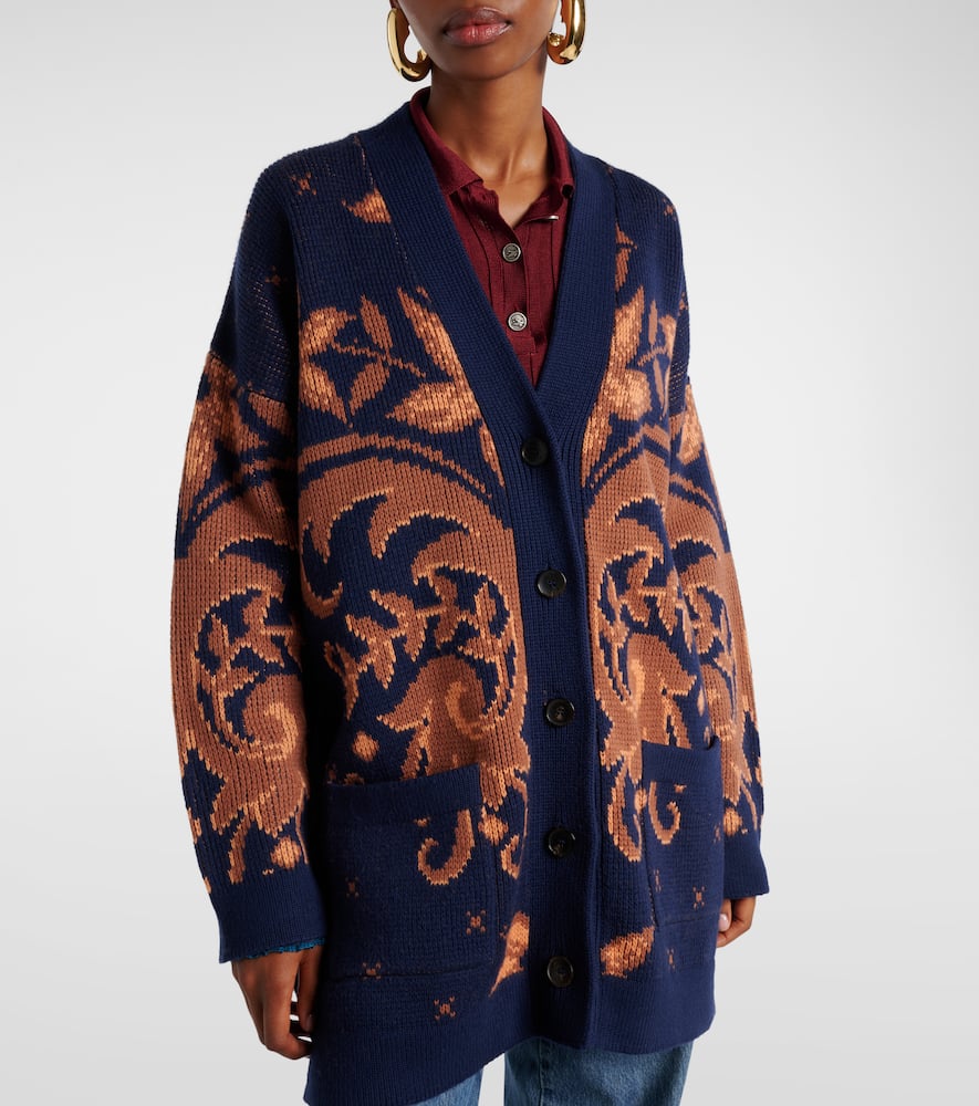 Etro Wool Jacquard V-neck Cardigan With Front Pockets In Blue