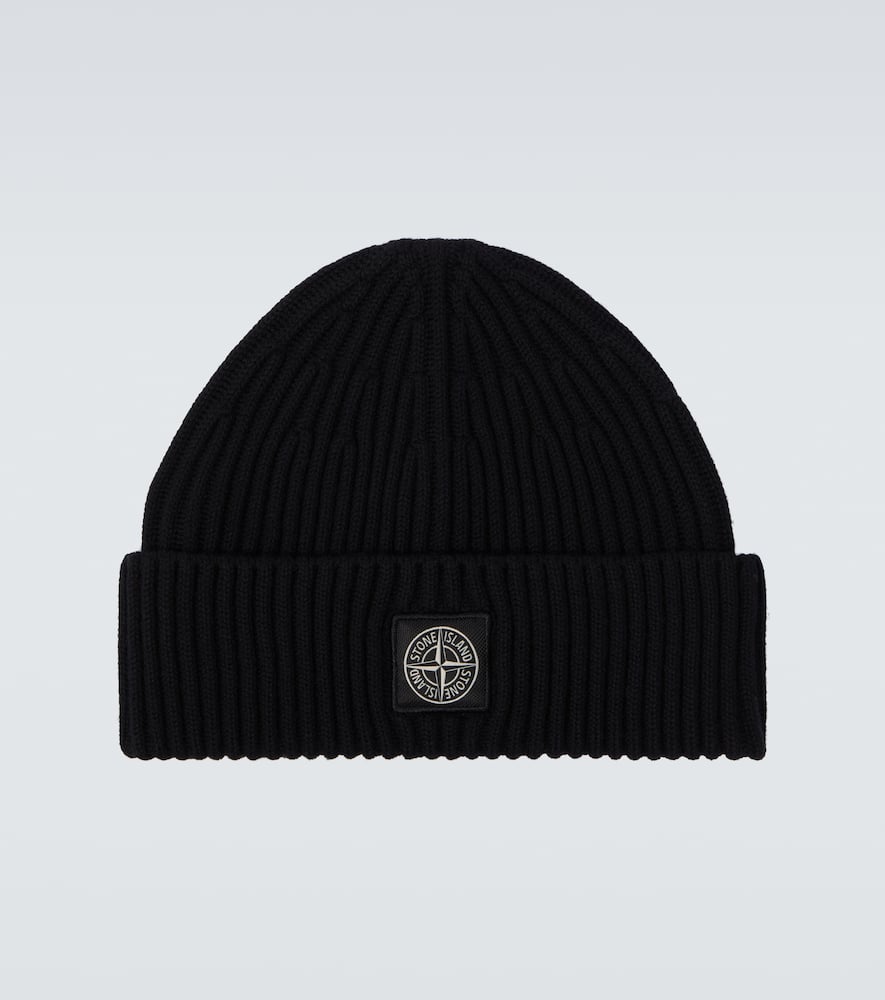 Stone Island Ribbed Knit Fisherman Beanie With Turn-up Cuff In Black