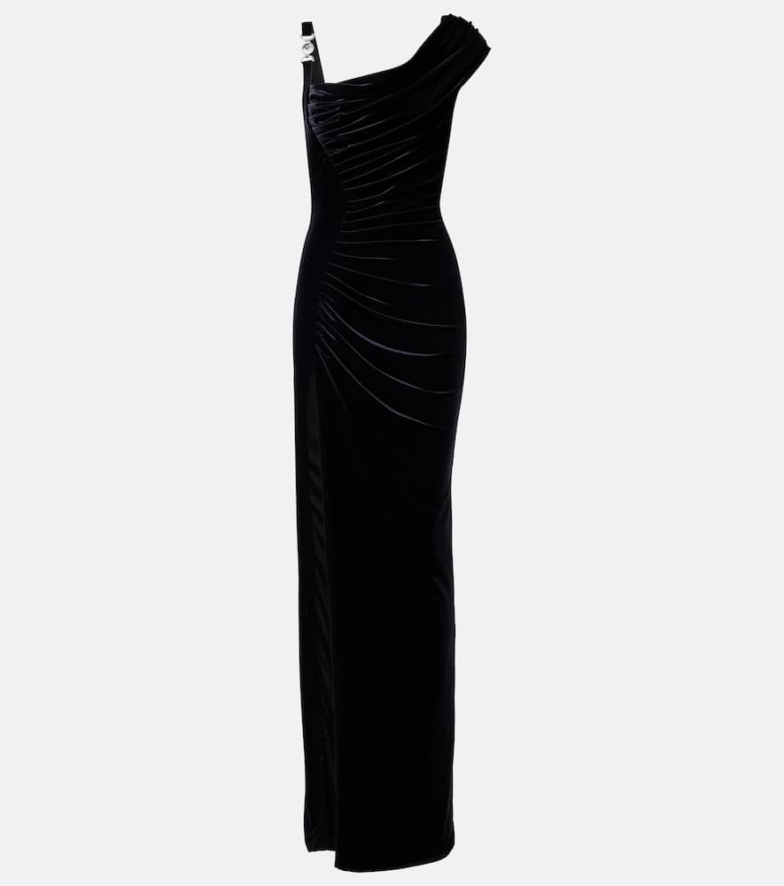 Versace Asymmetric Gathered Velvet Gown In Black
