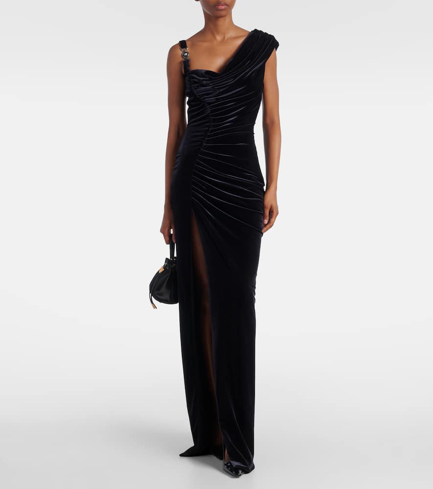 Versace Asymmetric Gathered Velvet Gown In Black
