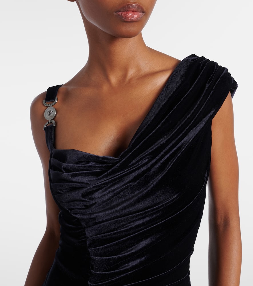 Versace Asymmetric Gathered Velvet Gown In Black