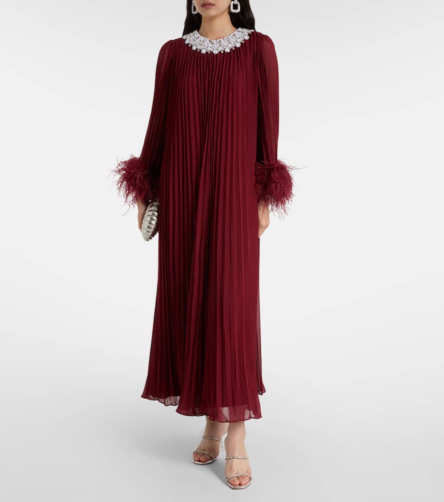 Self-portrait Embellished Feather-trimmed Chiffon Maxi Dress In Brown