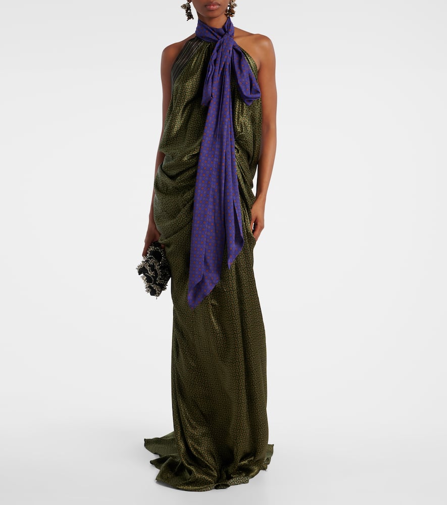 Dries Van Noten Printed Halterneck Open-back Silk Satin Gown In Green