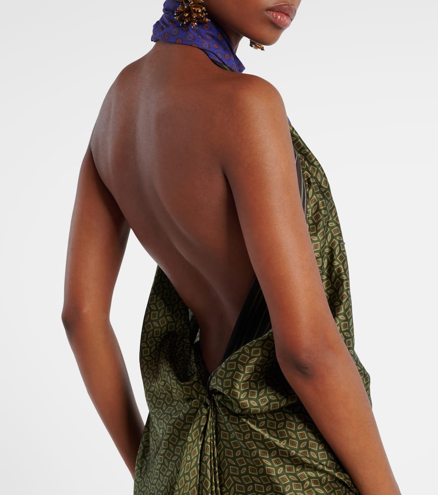 Dries Van Noten Printed Halterneck Open-back Silk Satin Gown In Green