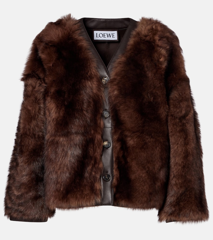 Loewe Lamb Shearling V-neck Cardigan In Brown