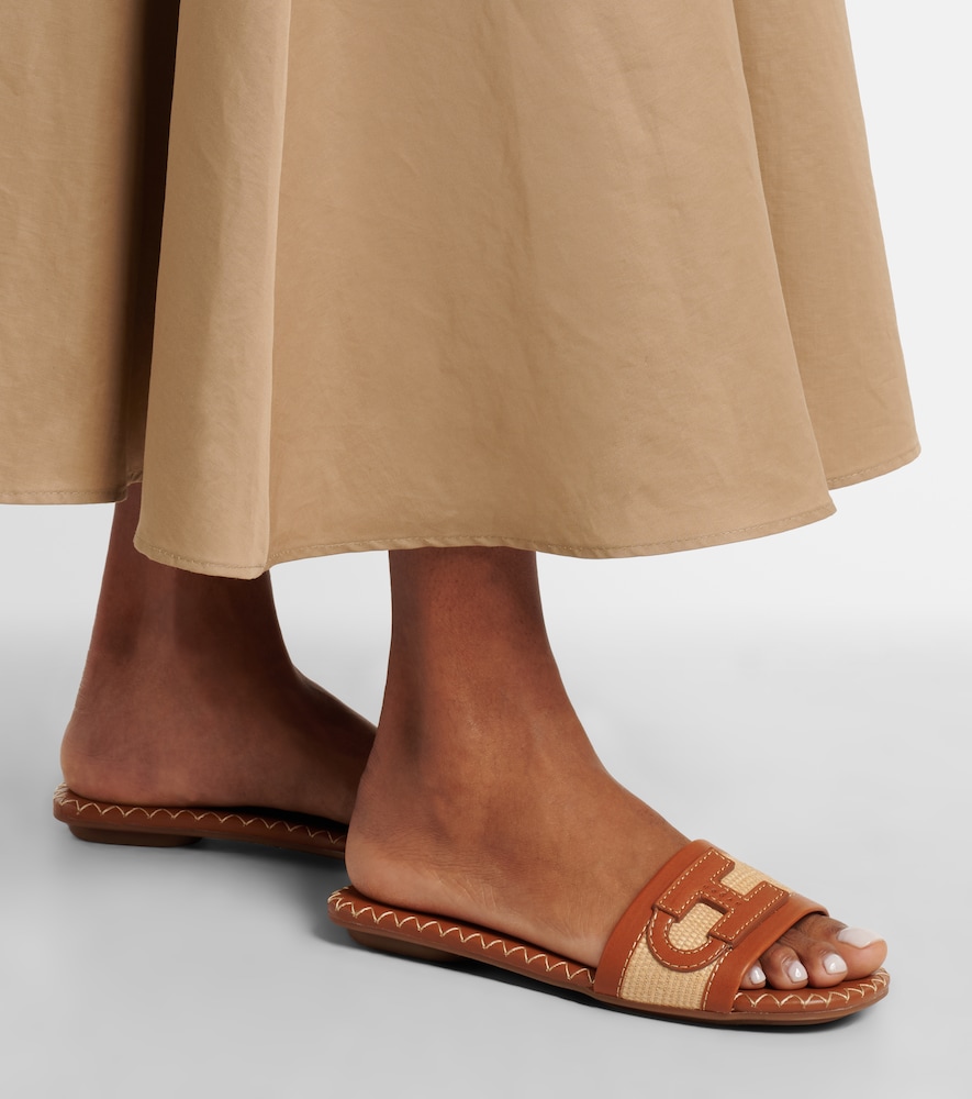 Leather-Trimmed Raffia Slides
