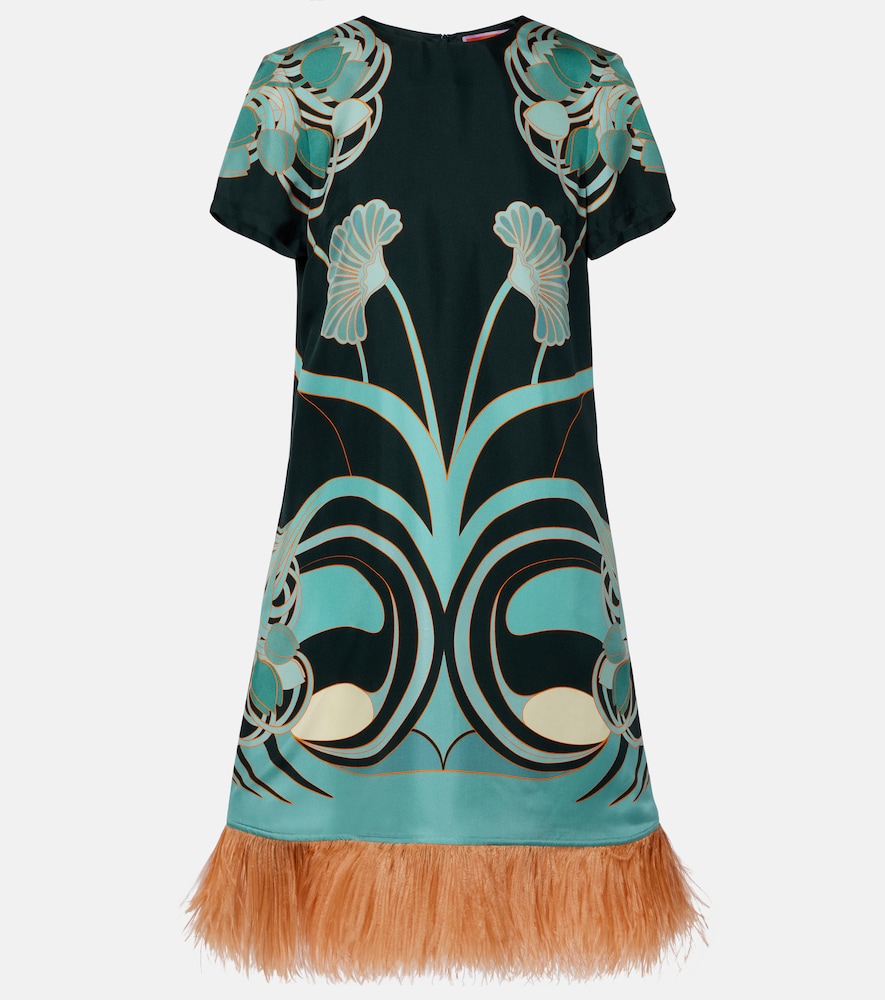 La Doublej Swing Feather-trimmed Floral Silk Twill Minidress In Green