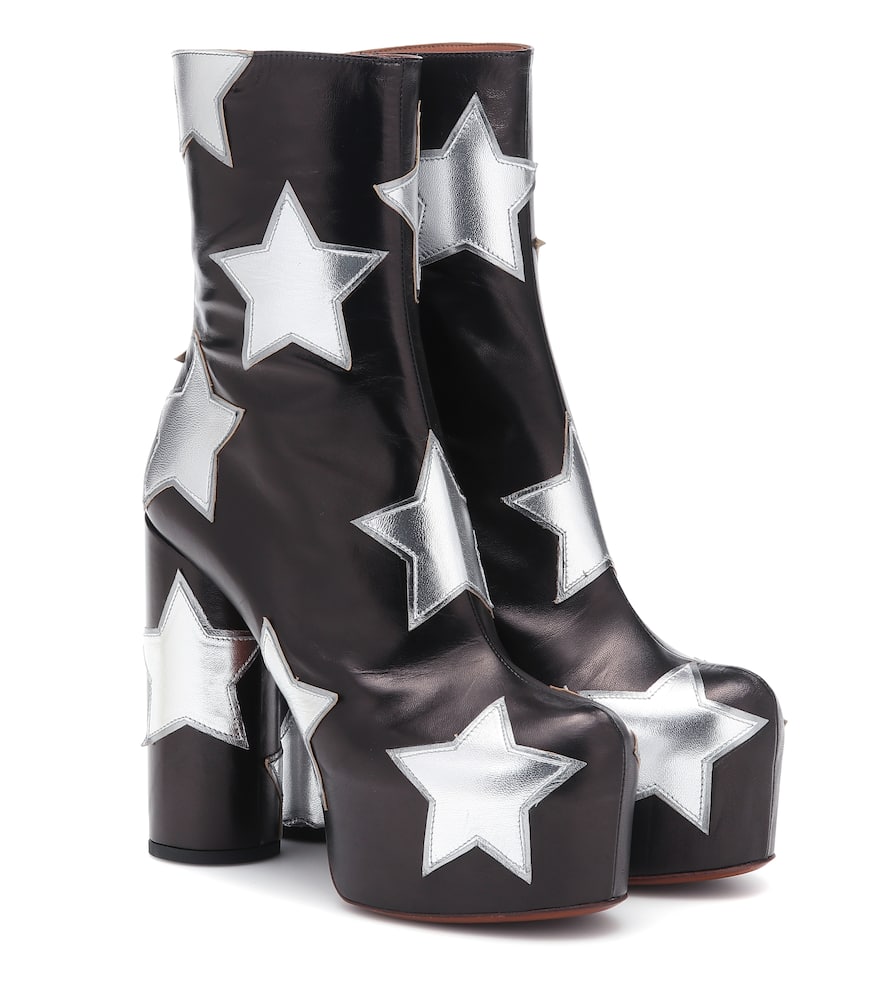 Leather Star Platform Ankle Boots In Black