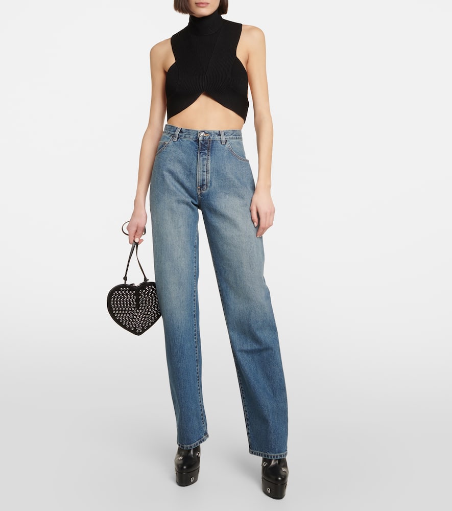 Shop Alaïa Ribbed-knit Halterneck Crop Top In Black