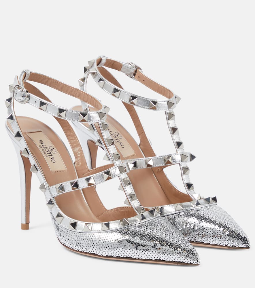 Valentino Rockstud 100 Sequined Pumps In Silver