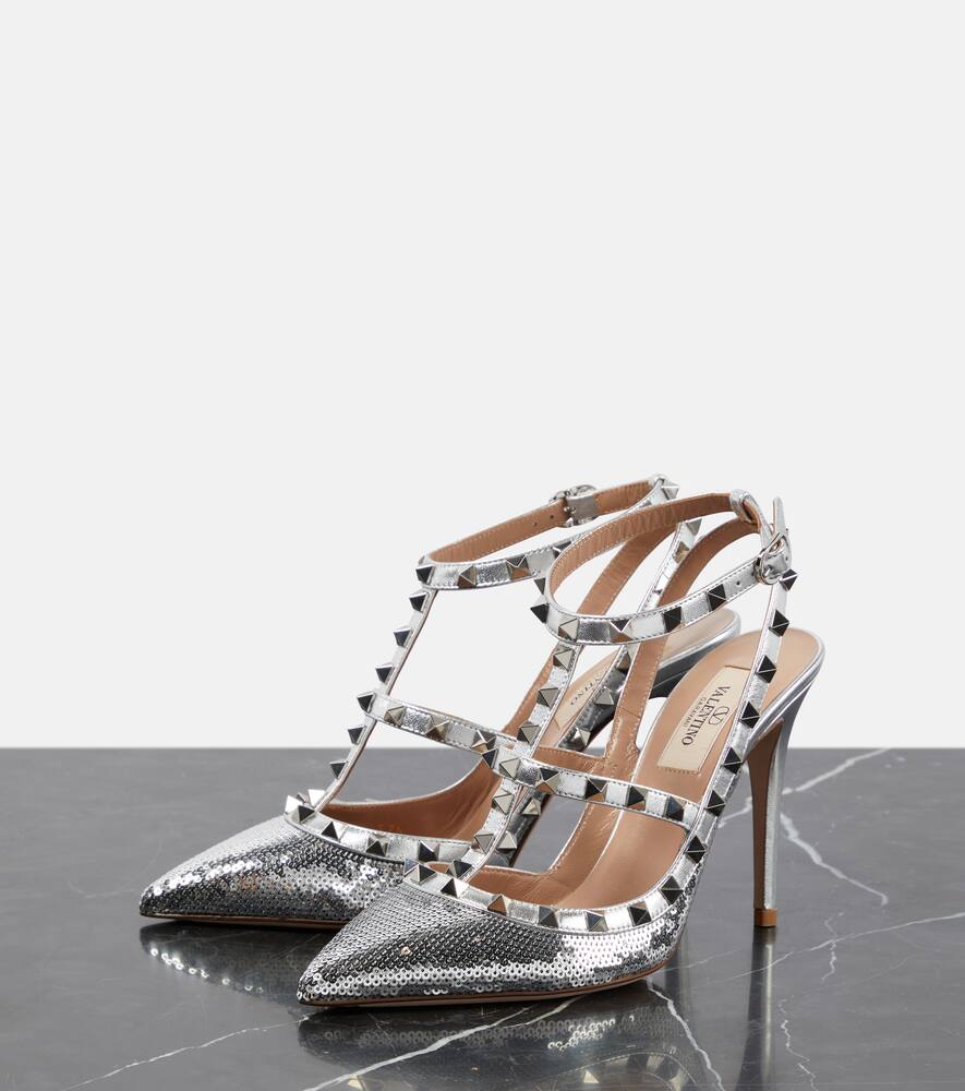 Valentino Rockstud 100 Sequined Pumps In Silver