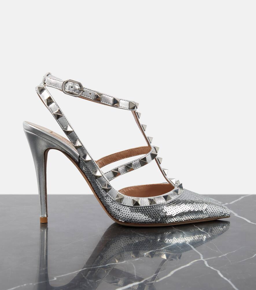 Valentino Rockstud 100 Sequined Pumps In Silver