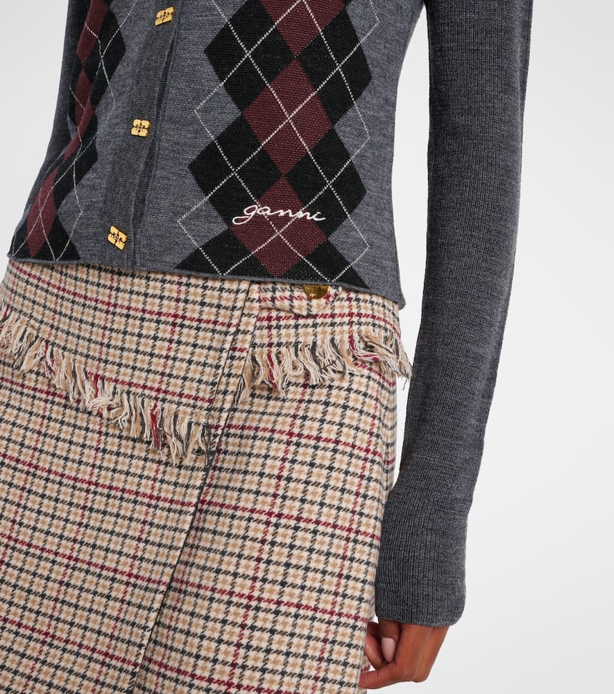 Ganni Grey Sweater With Classic Collar And Check Motif On The Front In Wool Woman In Gray