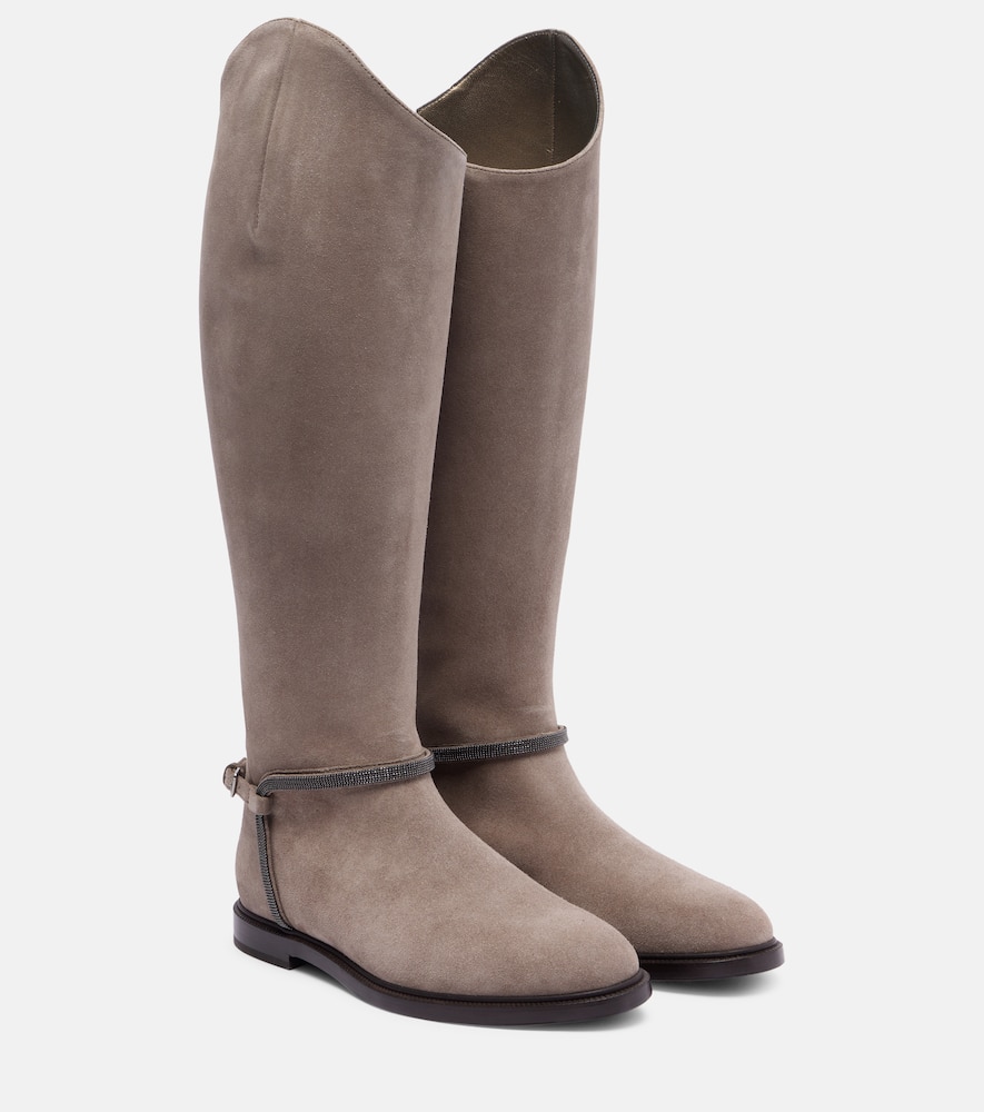 Brunello Cucinelli Monili Suede Knee-high Boots In Neutral